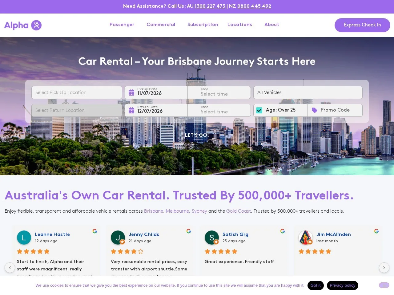 Screenshot of the Alpha Car Hire homepage